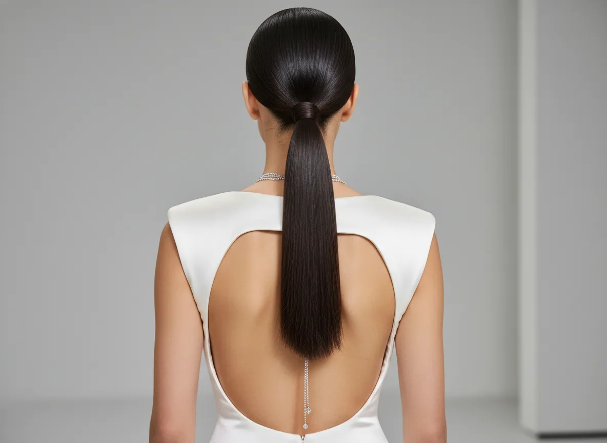 Low sleek ponytail with smoothing serum on structured dress