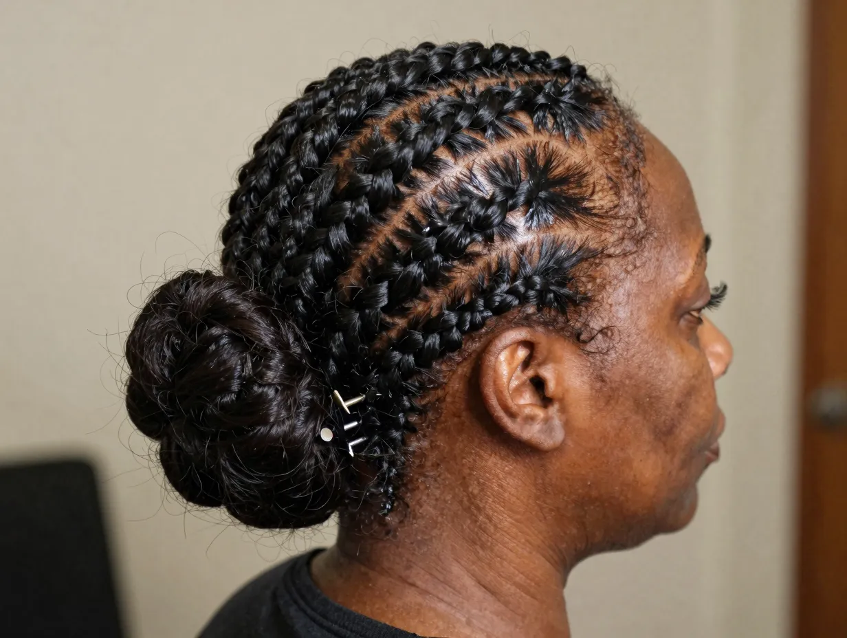 Slicked back locs updo in a low bun with smoothed edges