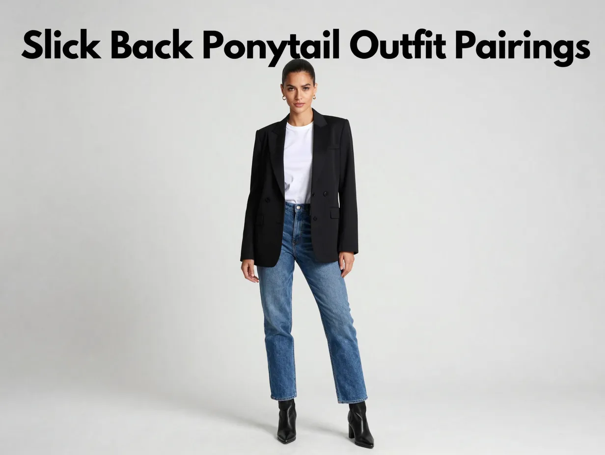 Confident woman slick ponytail black blazer tailored jeans neutral boots
