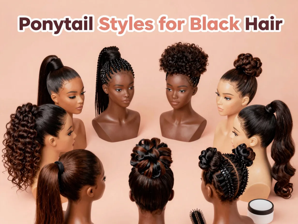 Eight versatile ponytail styles black hair arranged circle mannequins