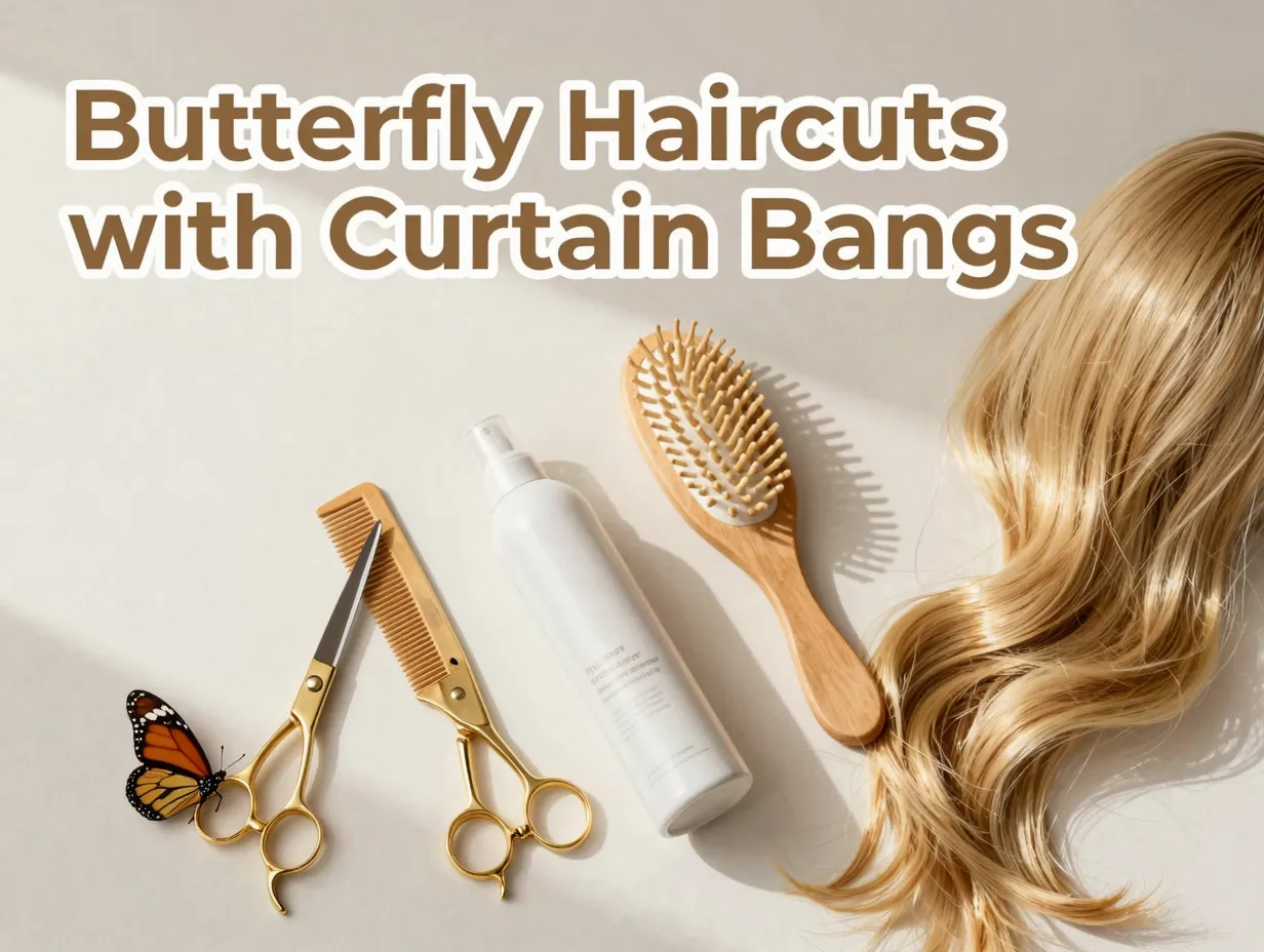 Gold shears butterfly wing hair sample mousse brush comb flat lay