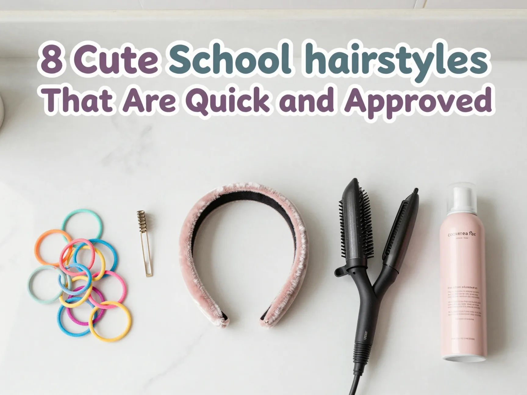 Hair ties headband brush pins curl iron mousse flat lay