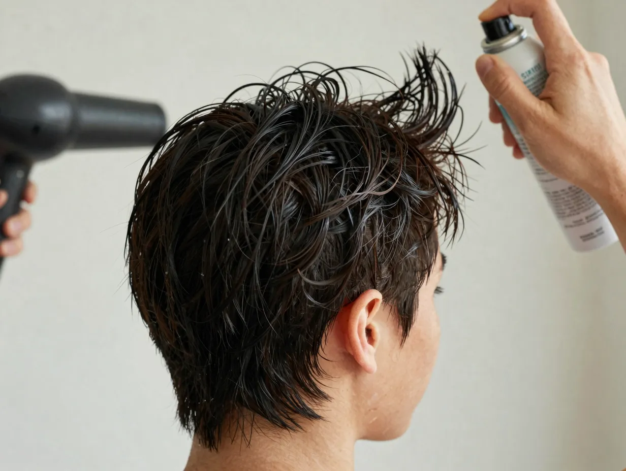 A person tousling short textured damp hair with a sea salt spray