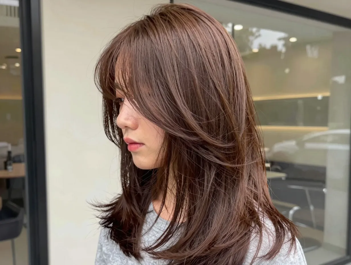 Classic long butterfly cut with soft curtain bangs on mid back thick hair