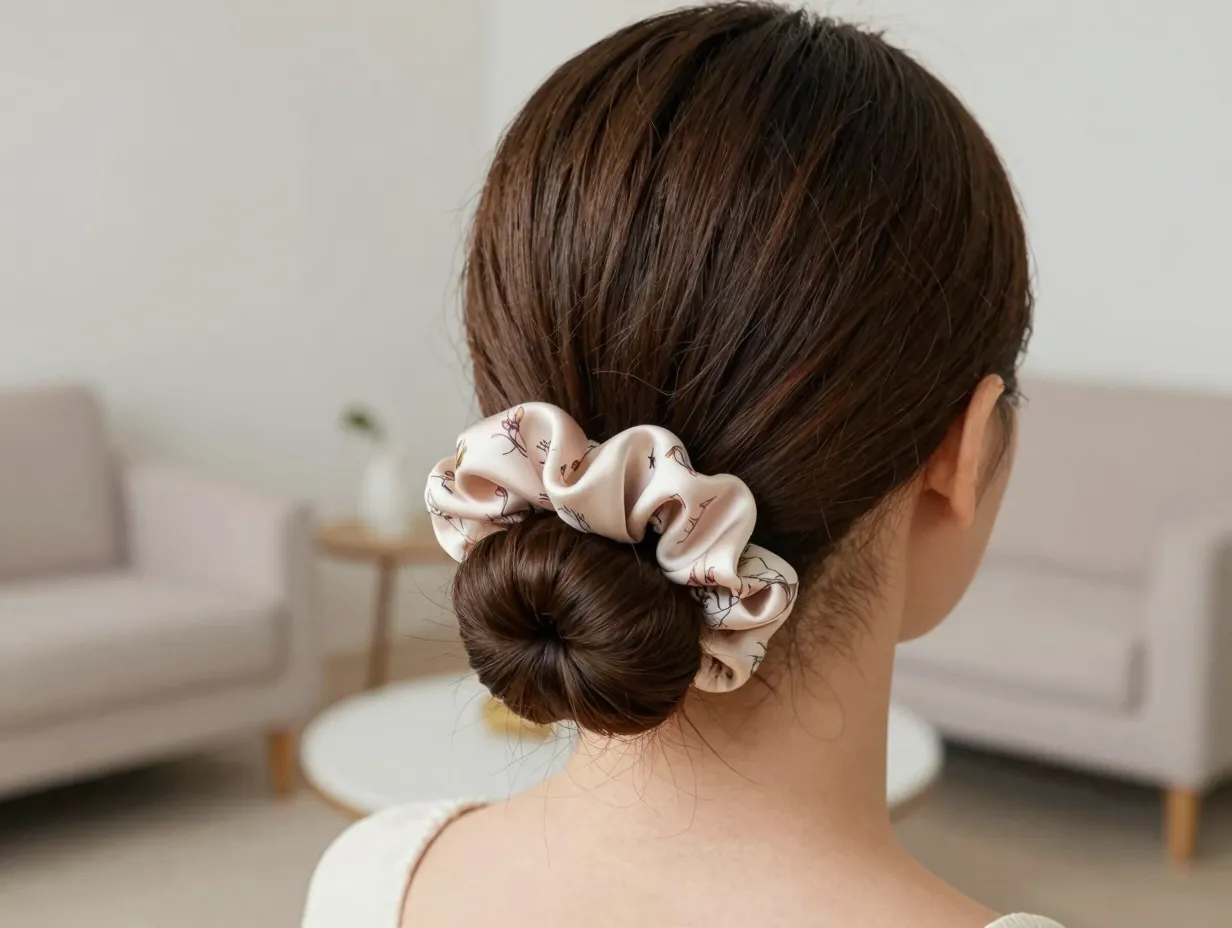 Elegant silk scrunchie on brunette hair low bun against minimalist apartment