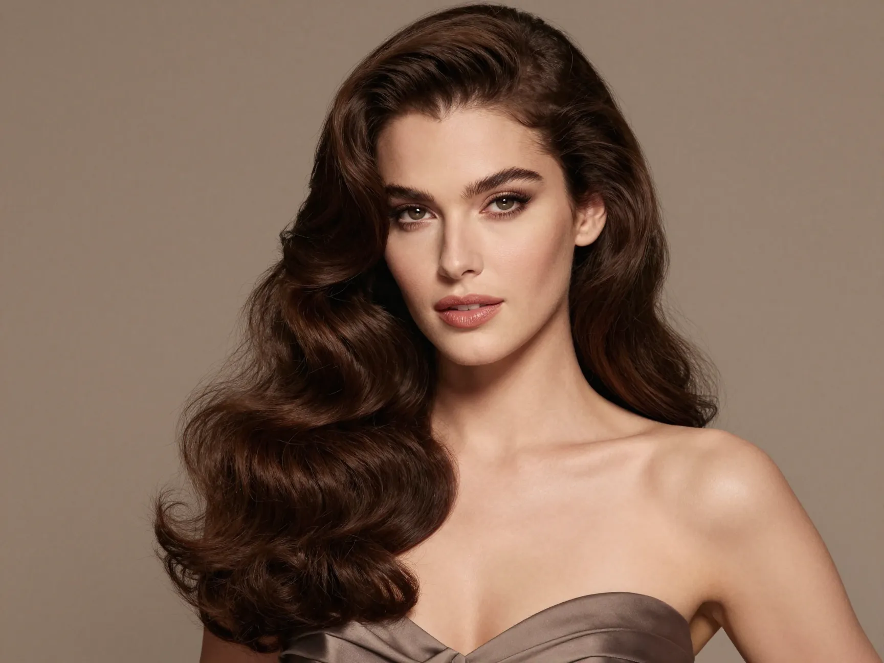 Long brunette hair with sculpted hollywood waves across shoulders
