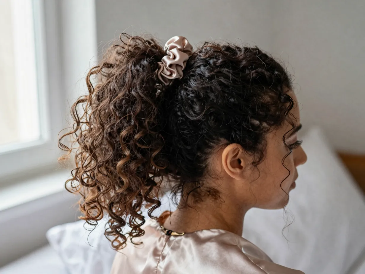 Loose high pony updo with soft scrunchie on satin pillowcase