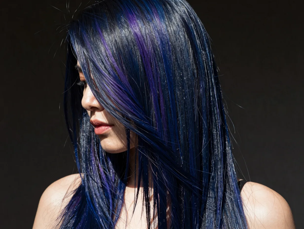 Midnight blue black hair with indigo violet shimmer in sunlight