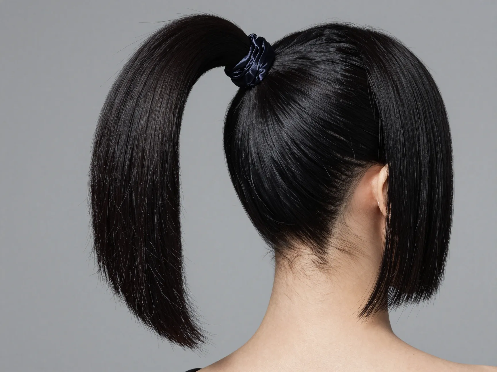 Sleek high ponytail with smoothed edges and satin hair tie