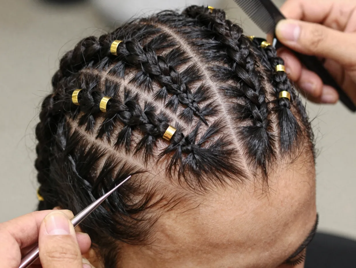 Zig zag cornrow pattern with gold cuffs beads hairstyle