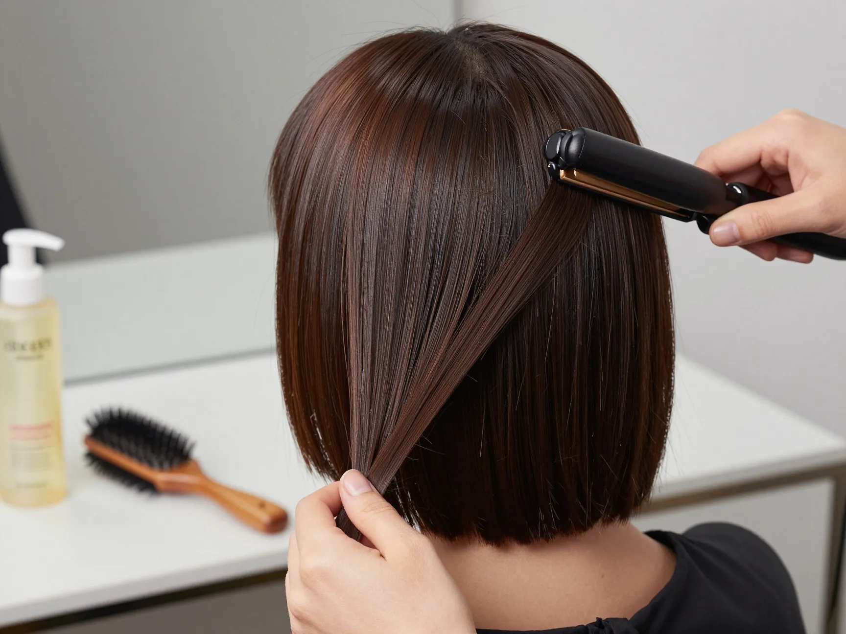 A person using a flat iron on a sleek sharp jaw length blunt bob