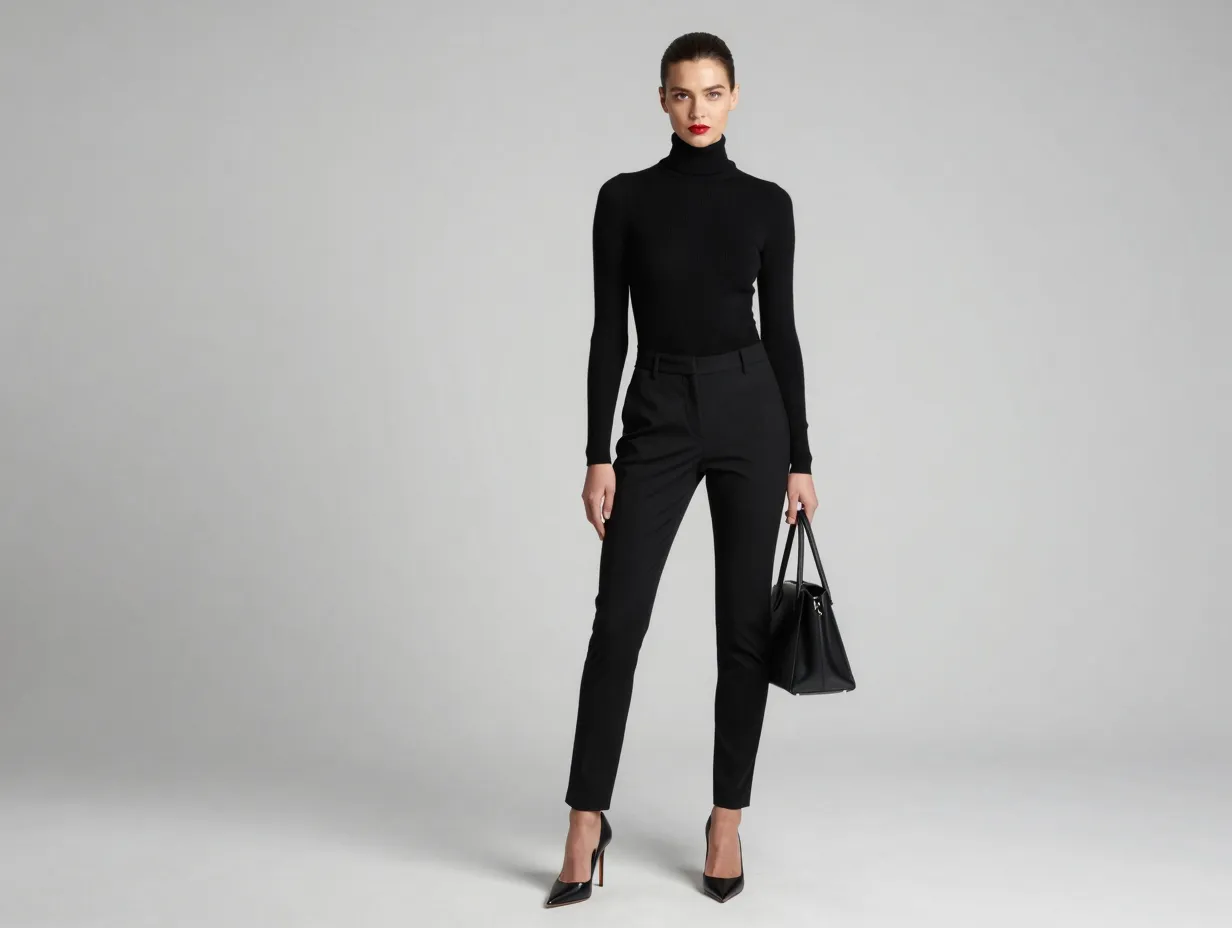 All black monochrome outfit with slick back ponytail