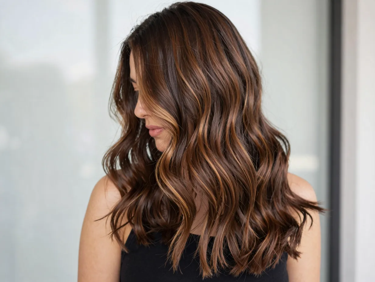 Espresso brown hair with hand painted caramel balayage highlights
