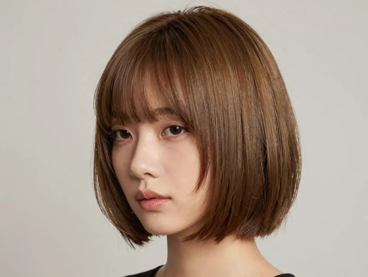 Short butterfly bob with chin length feathery layers and curtain bangs