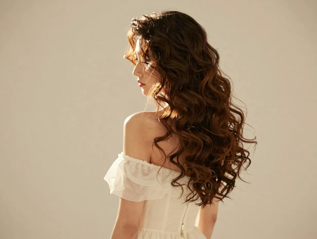 Soft romantic cascading curls with crown volume