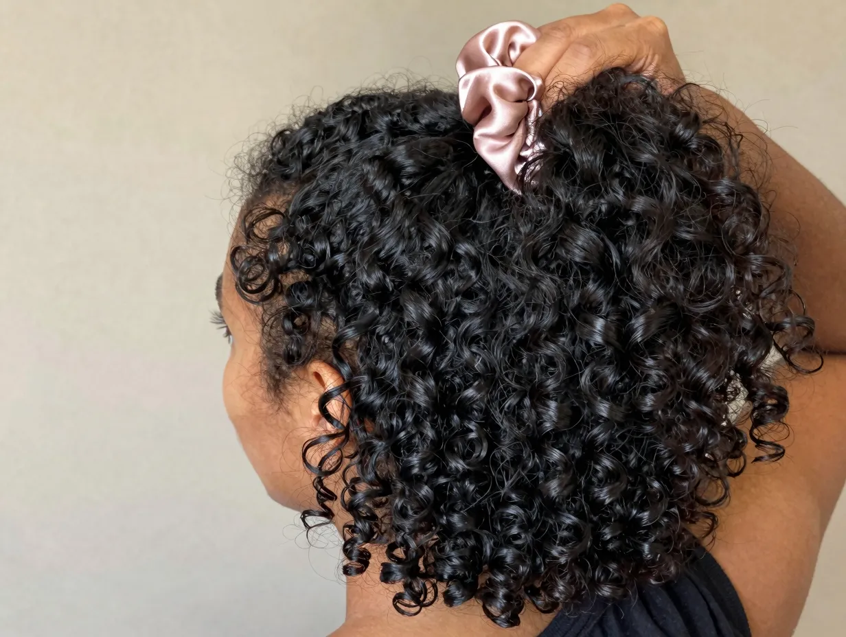 Voluminous high puff ponytail of defined natural coils