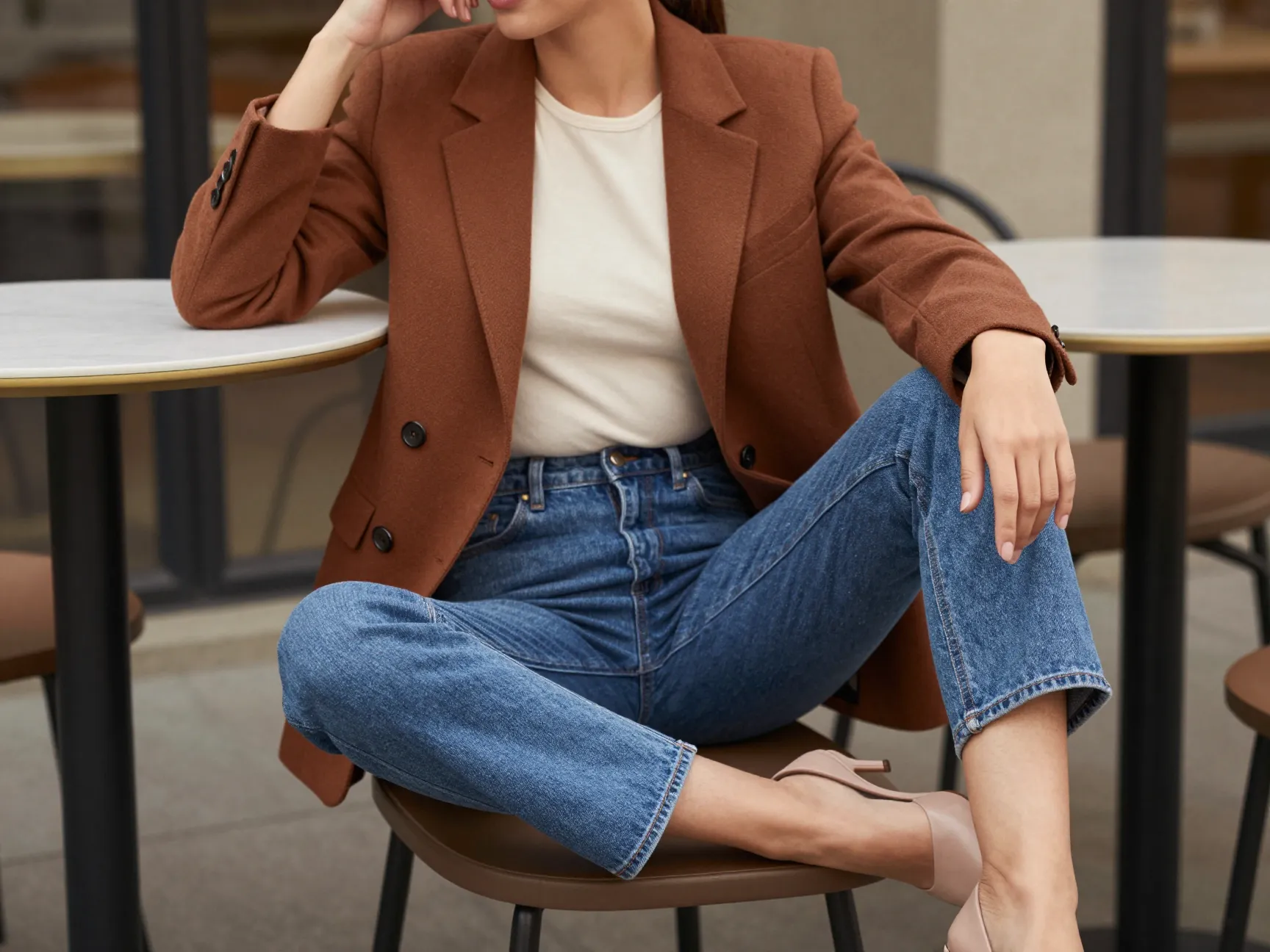 Aritzia cocoa blazer with denim and cream top outfit