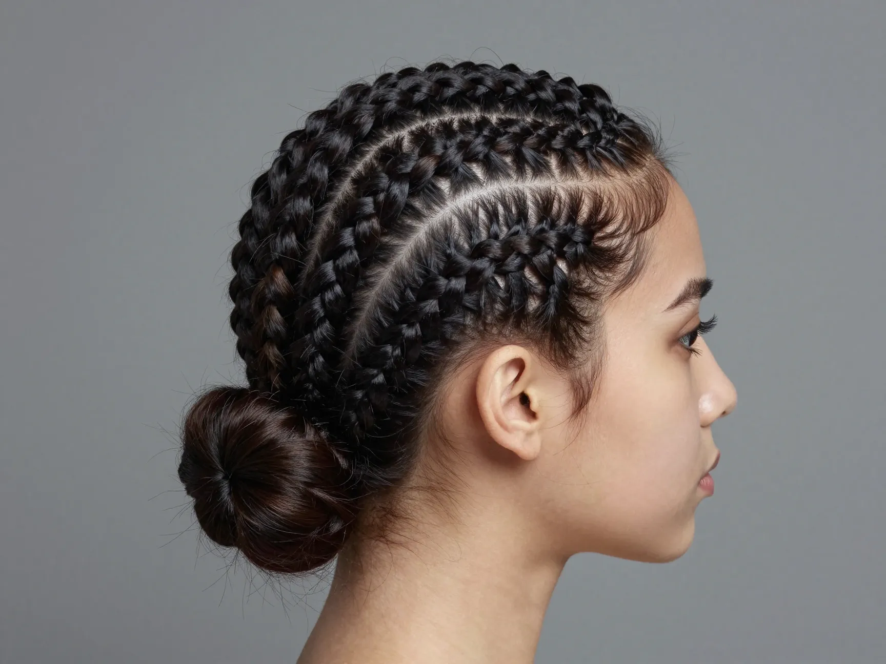 Curved cornrows sweeping around crown into low bun