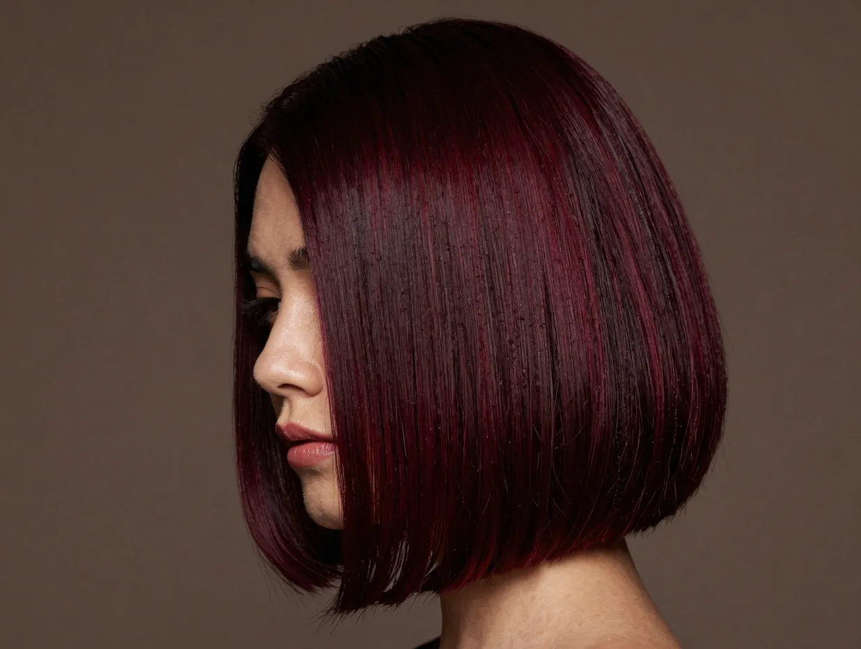 Deep burgundy wine hair color in gradient color melt effect