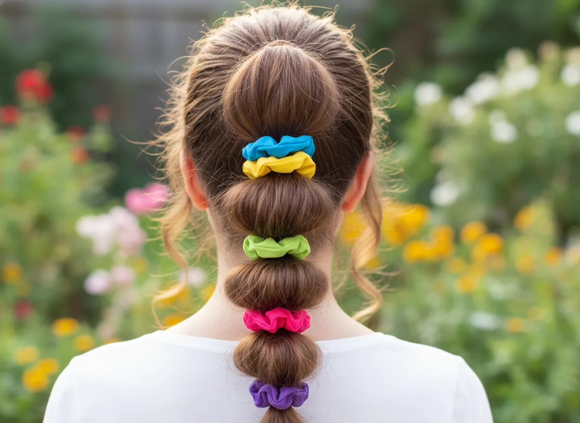Playful bubble ponytail colorful scrunchies voluminous sections