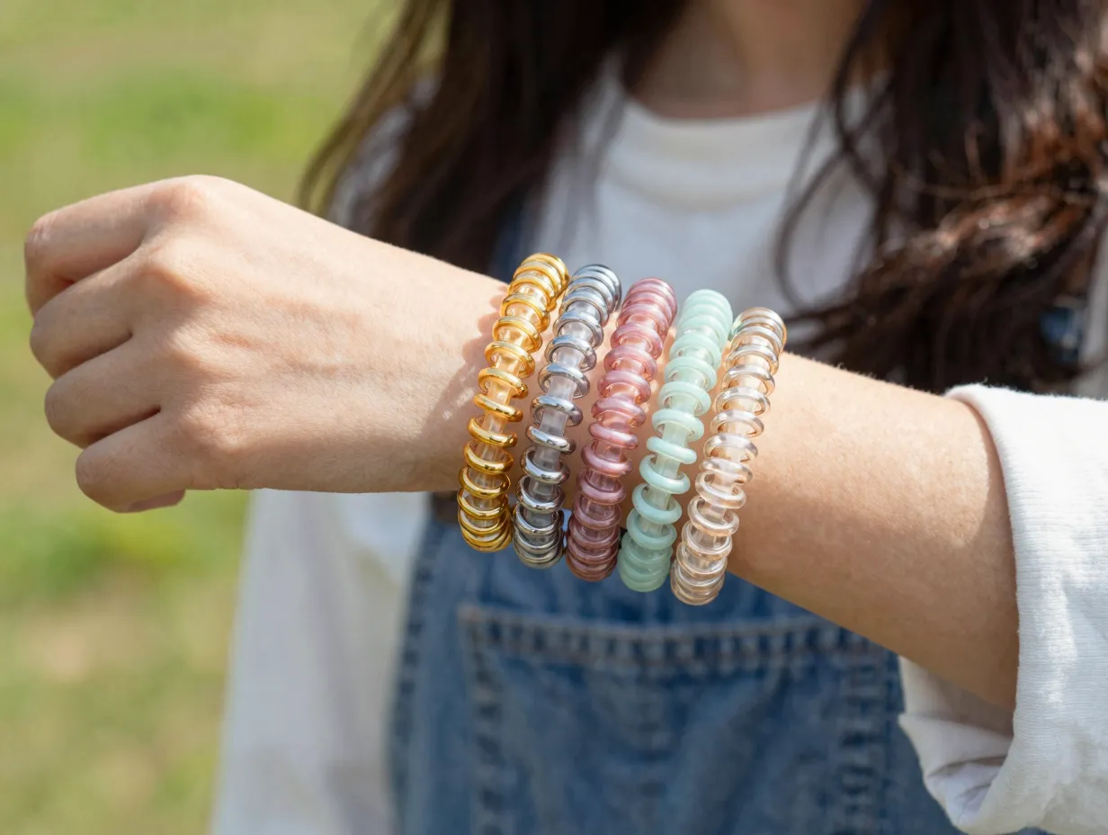Spiral coil hair ties as bracelets on wrist during casual outdoor activity