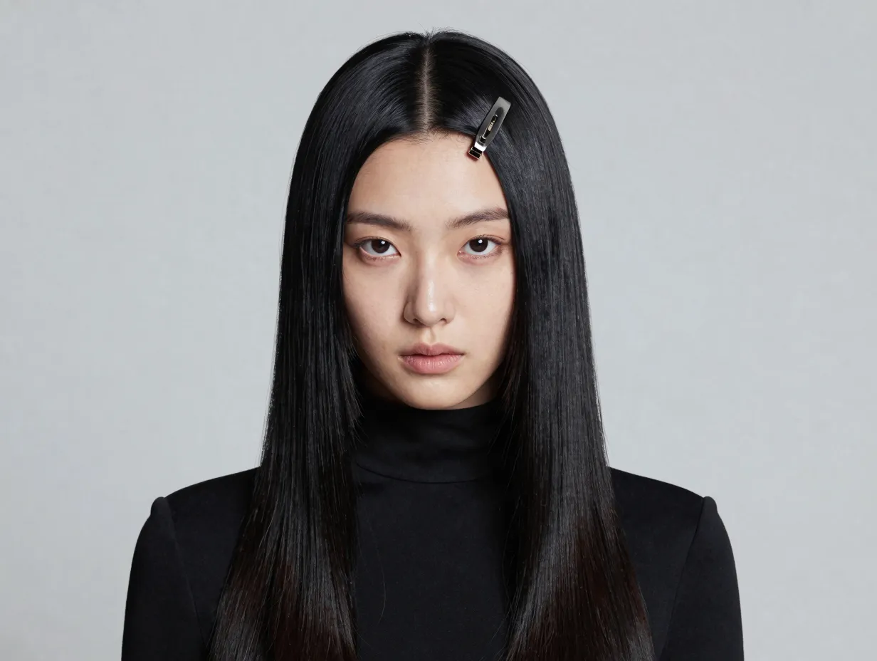 Ultra sleek straight hair with sharp center part and clip