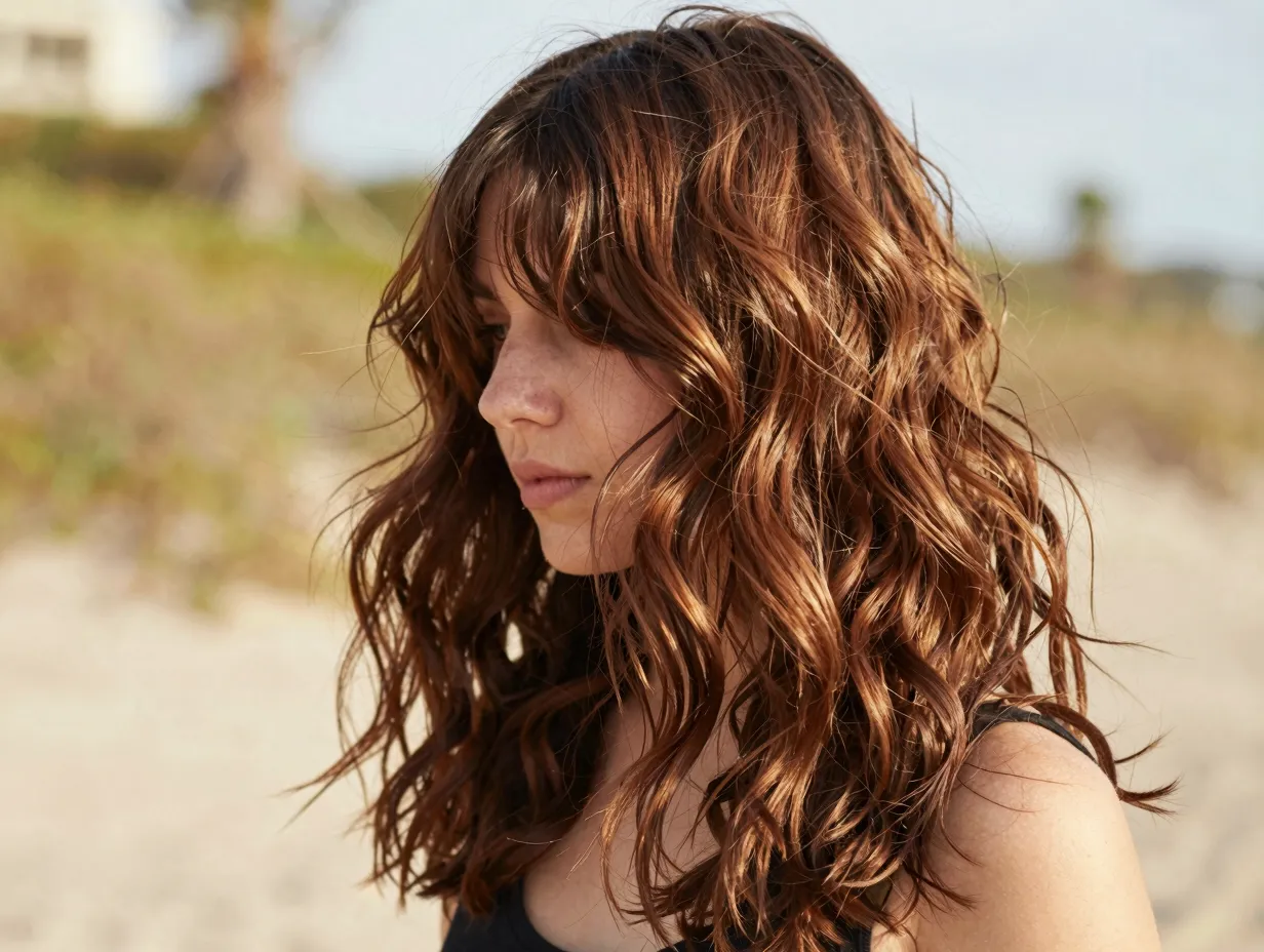Wavy butterfly cut with deep curtain bangs and natural texture