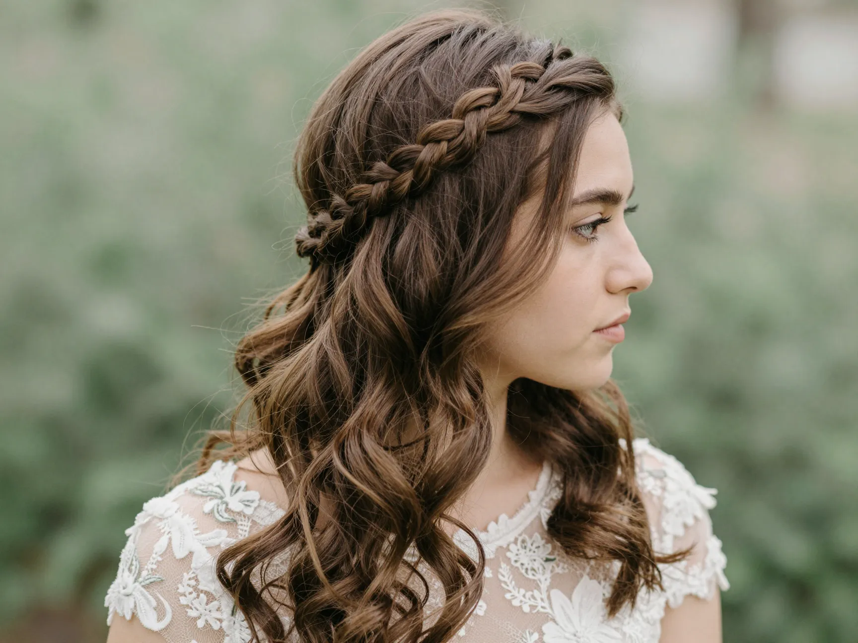 Braided crown accent across head with loose waves