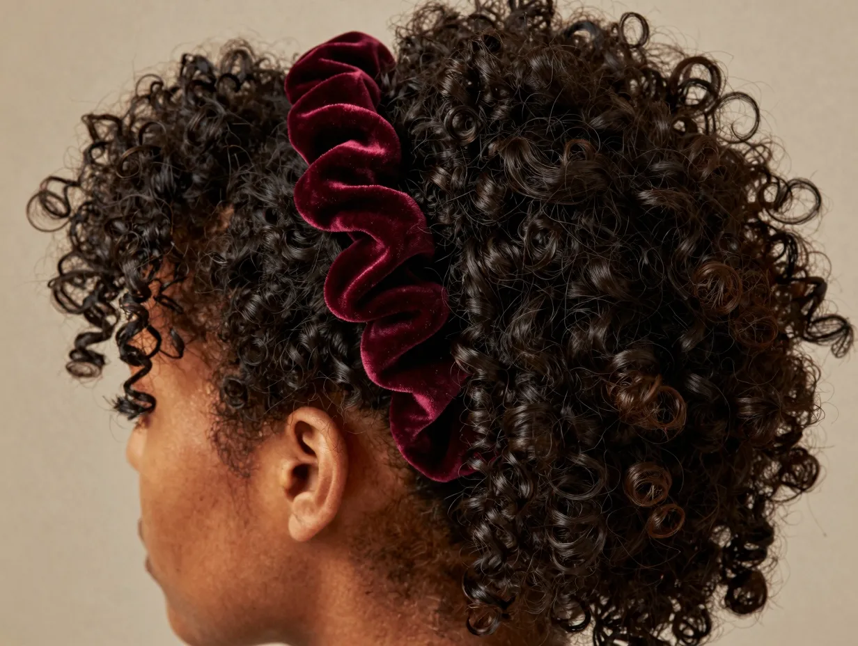 Burgundy velvet scrunchie holding thick curly half up hairstyle close up