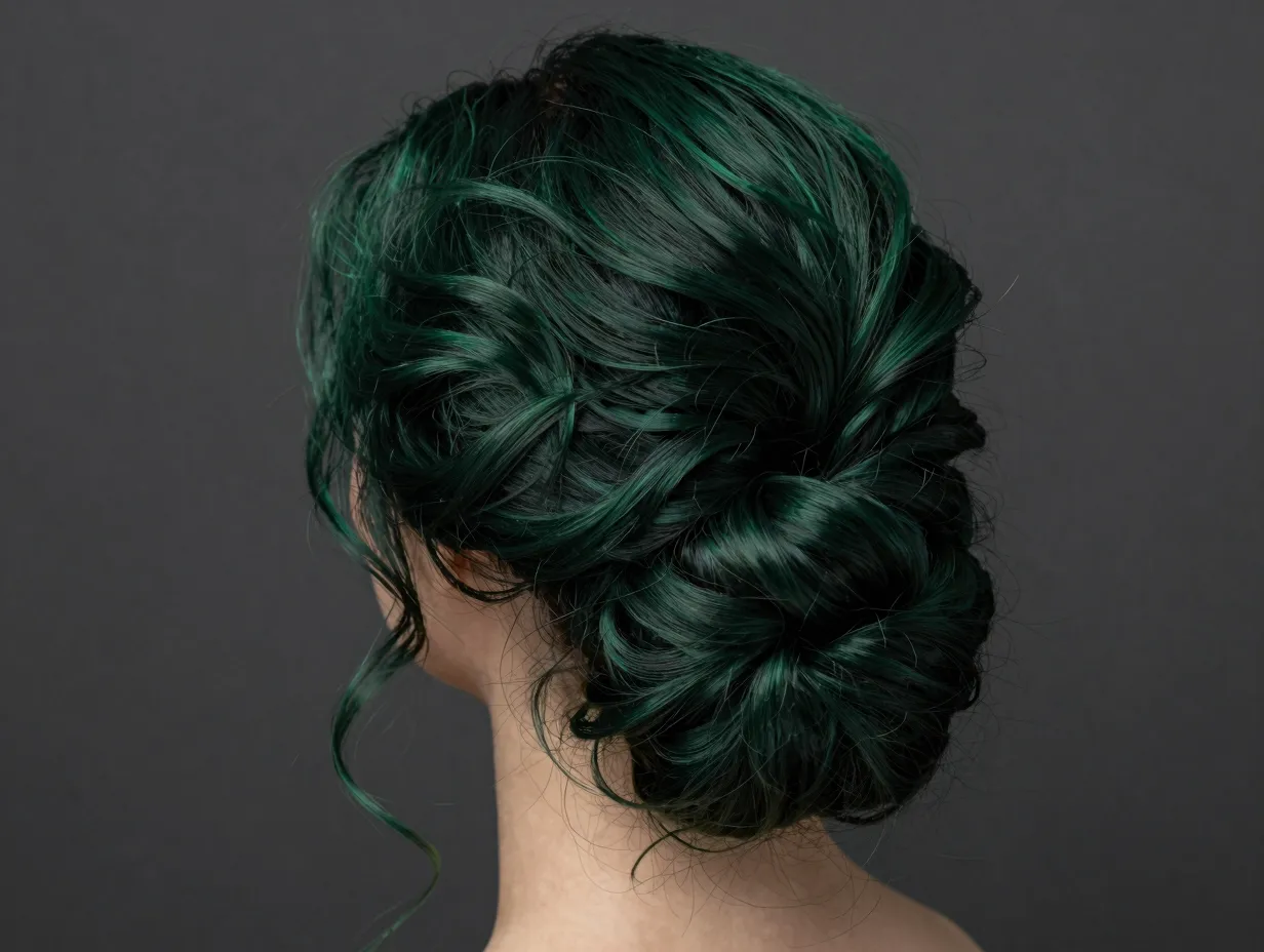 Dark forest green jewel toned hair in loose waves updo