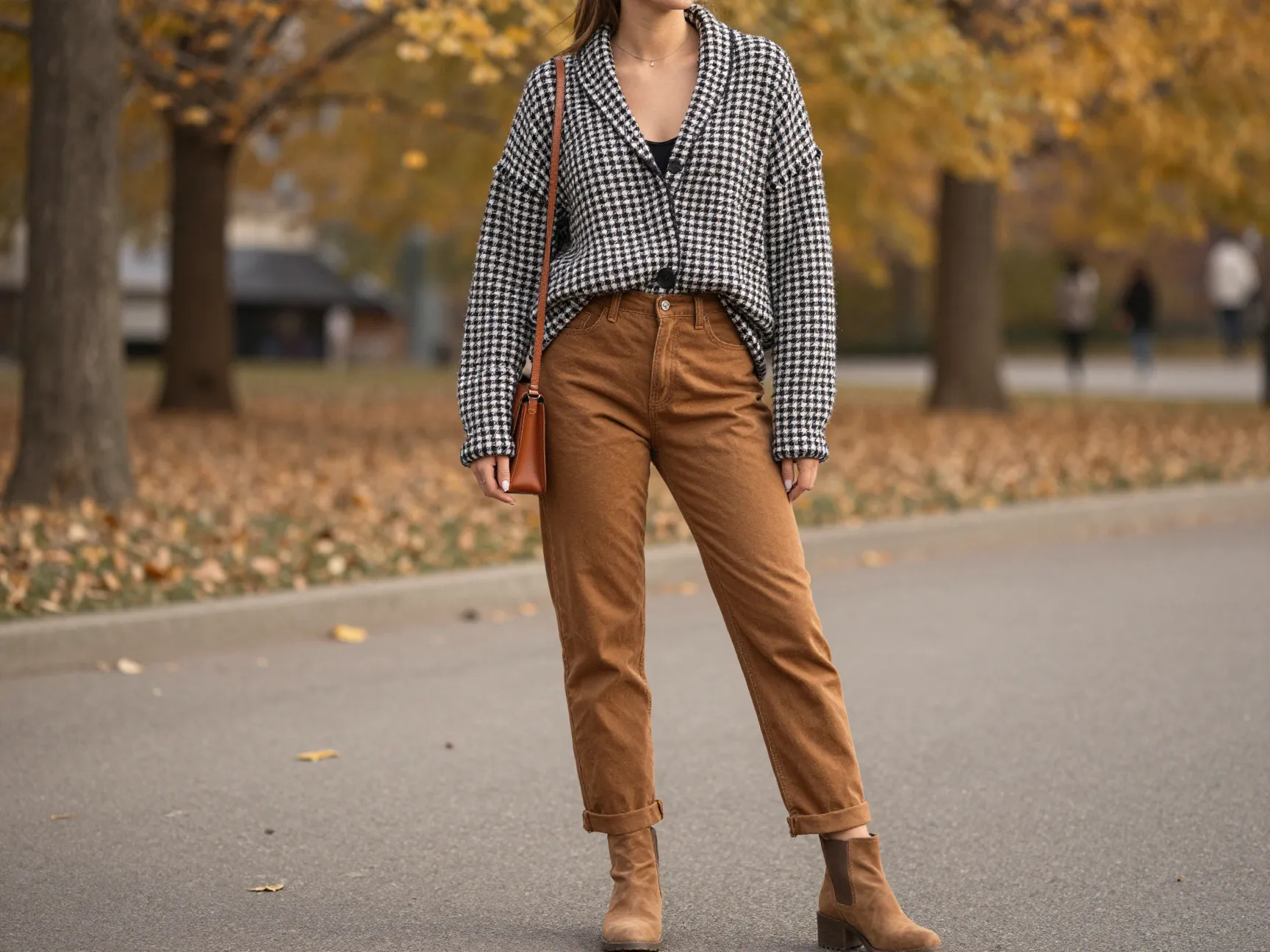 Houndstooth cardigan with brown jeans and ankle boots