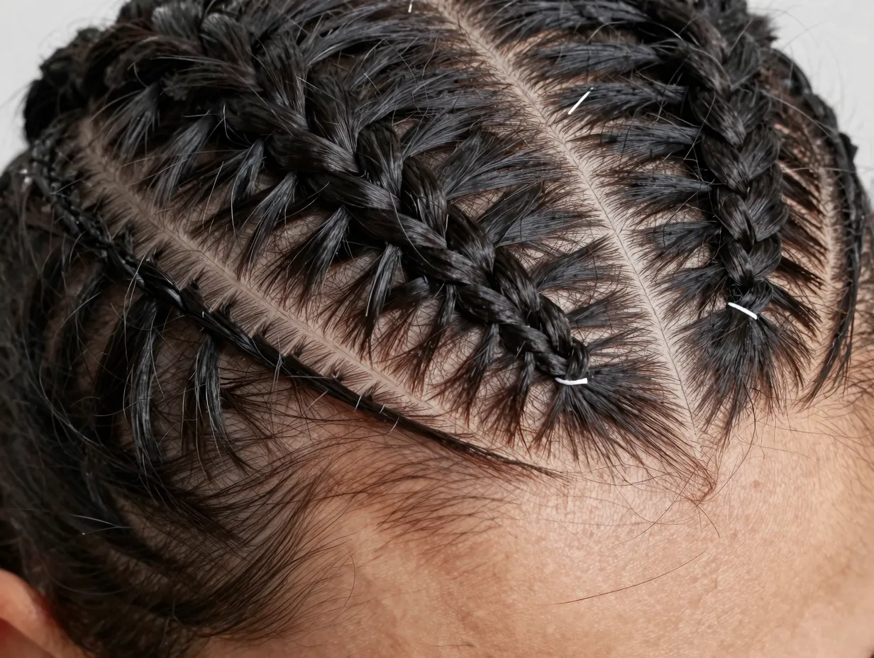 Precise geometric stitch braid pattern on scalp detail