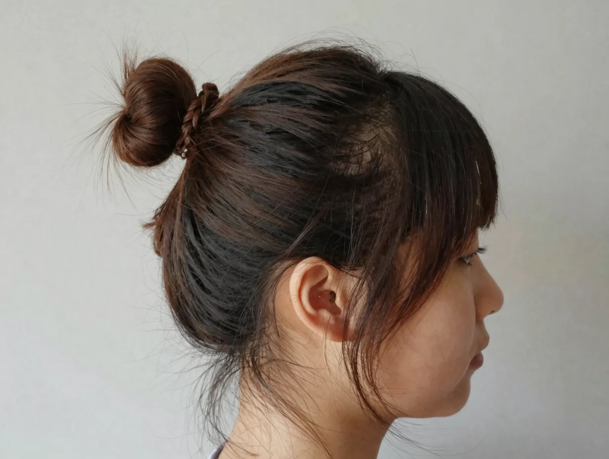 Short hair half up half down bun small top knot loose ends