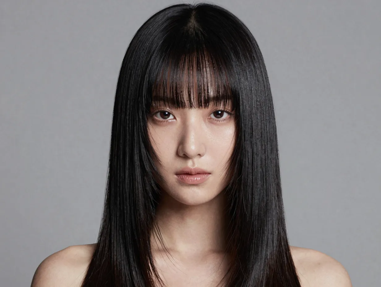 Sleek straight butterfly cut with wispy eyebrow grazing curtain bangs