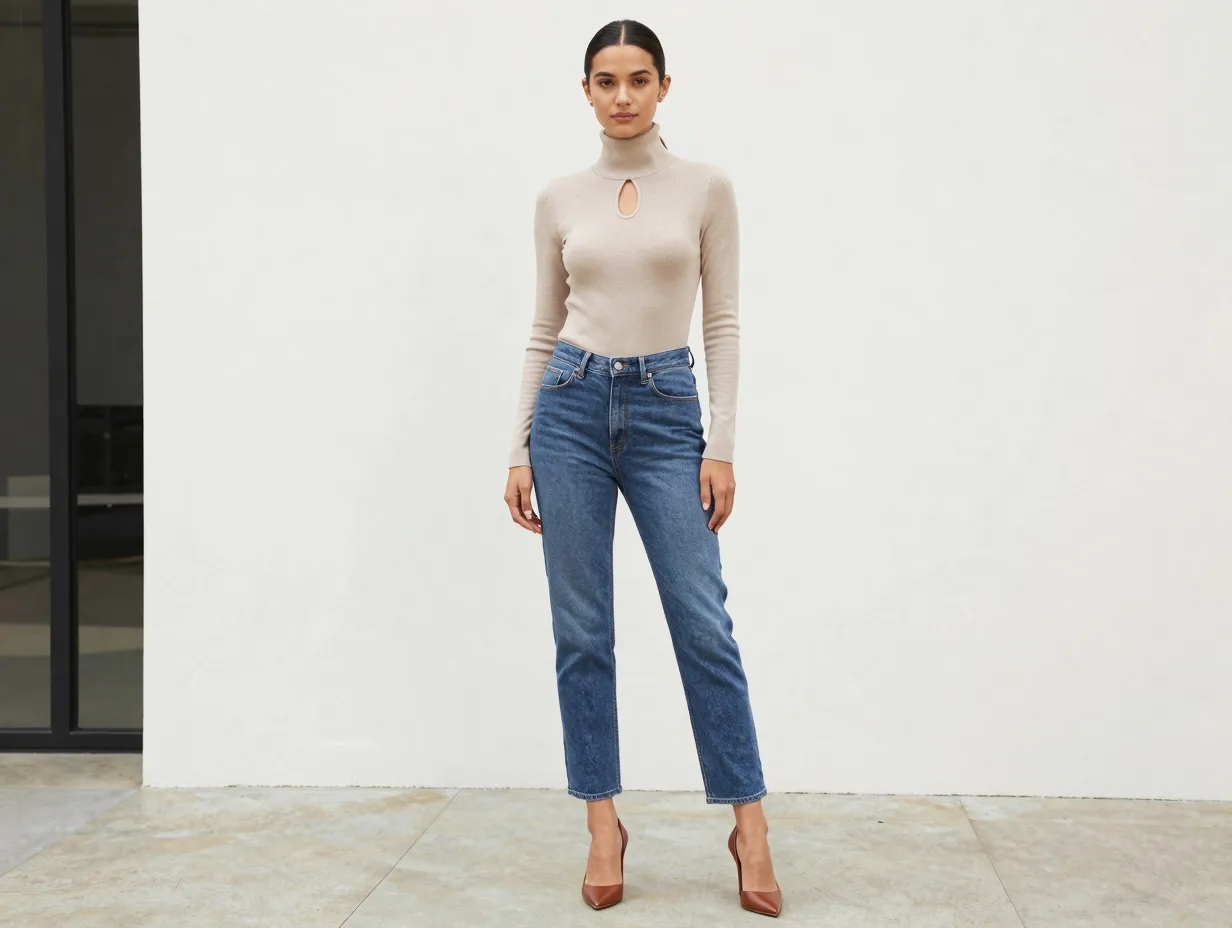 Beige keyhole turtleneck with blue jeans and brown heels