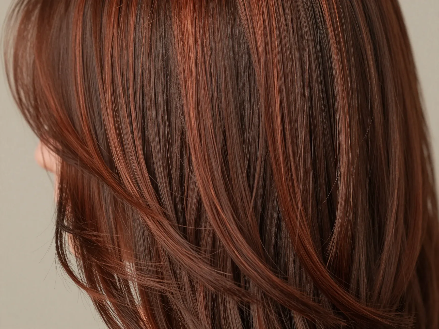 Chocolate mocha brown hair with subtle deep copper auburn highlights