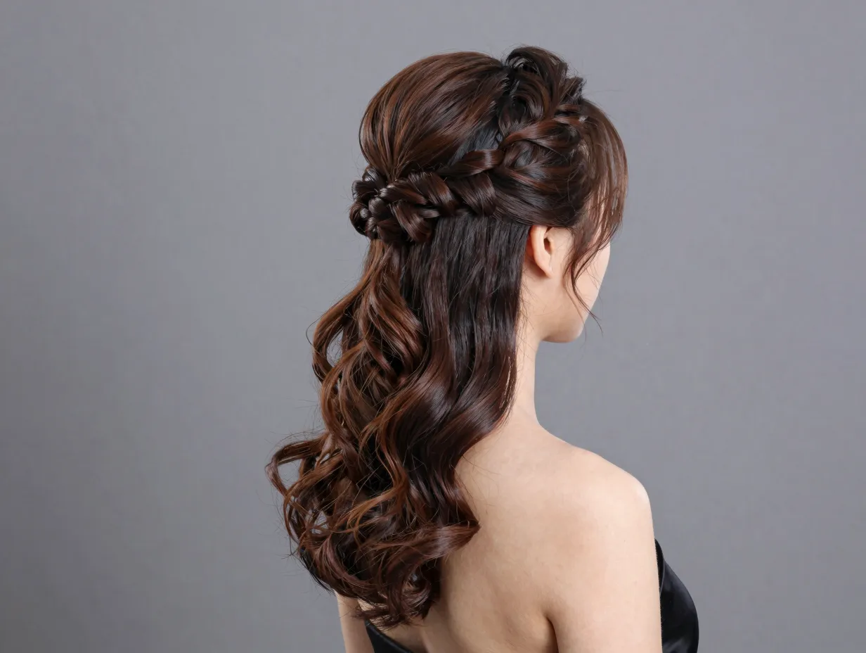 Half up hairstyle with twisted knot and voluminous crown