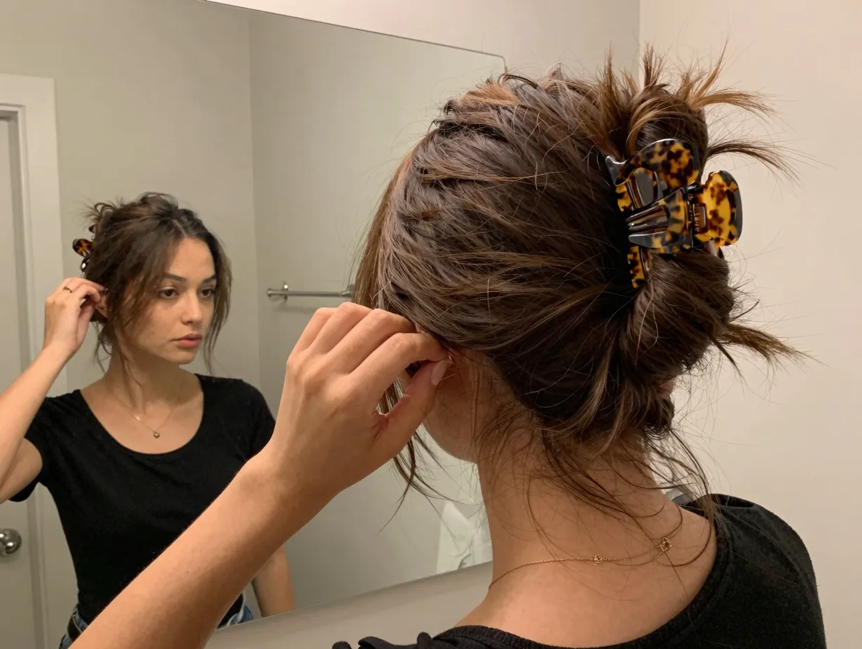 Oversized tortoiseshell claw clip securing a messy updo in bathroom mirror