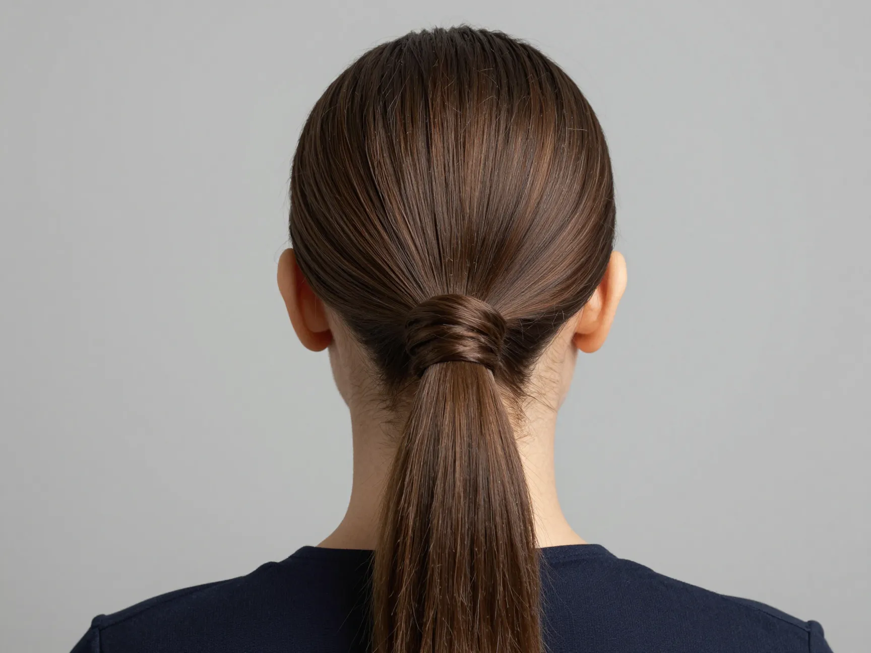 Polished low ponytail wrapped hair sections nape