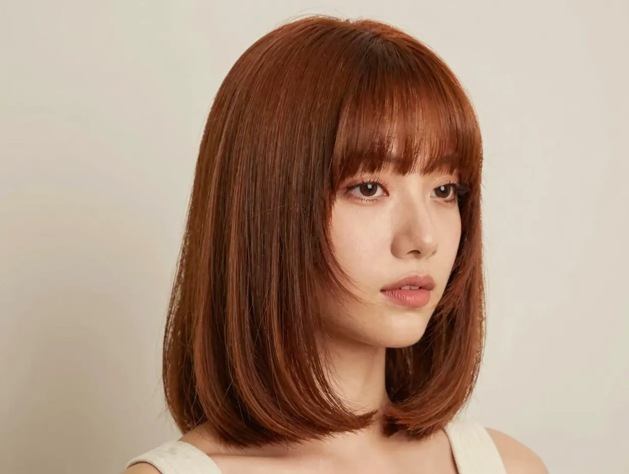 Shoulder length butterfly cut with blunt retro seventies curtain bangs