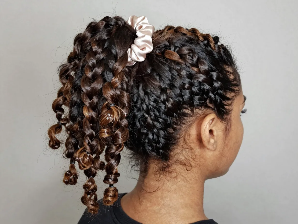 Twisted ponytail with two strand twists and satin scrunchie
