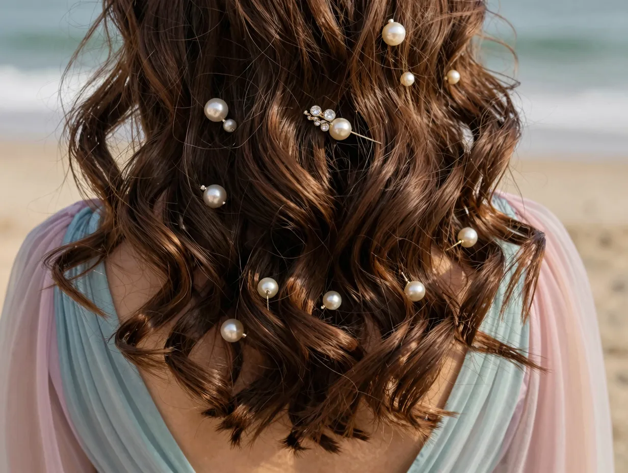 Beachy waves with scattered pearl hair pins in hair