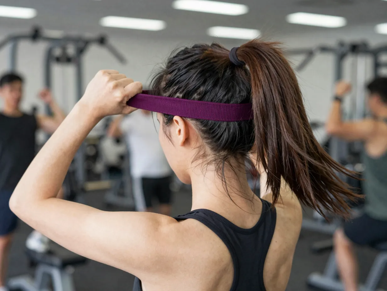 Fabric covered seamless elastic on high ponytail during gym workout