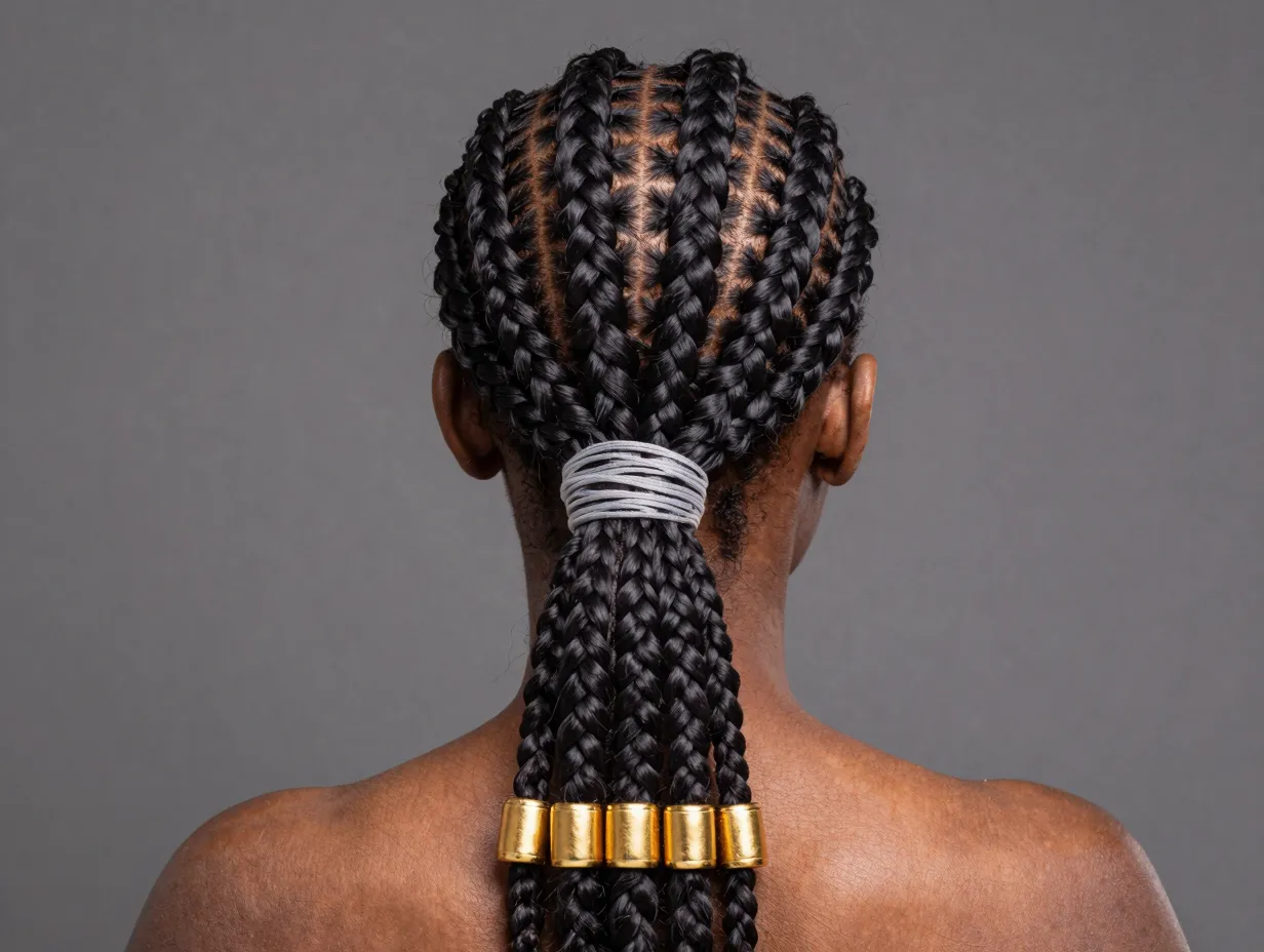 Ghana weave ponytail with feed in cornrows and decorative beads