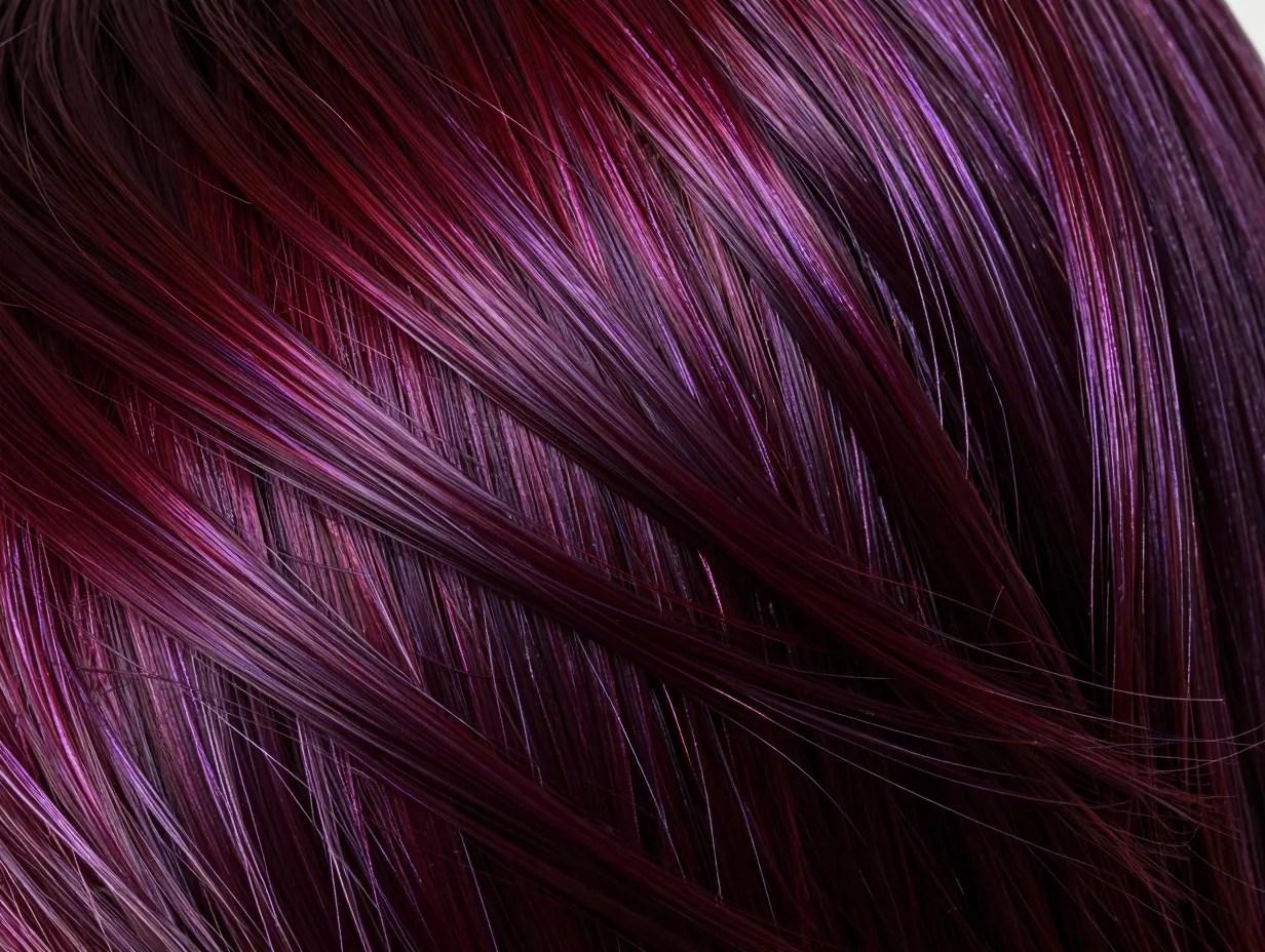 Rich plum hair with violet shimmer gloss under bright light