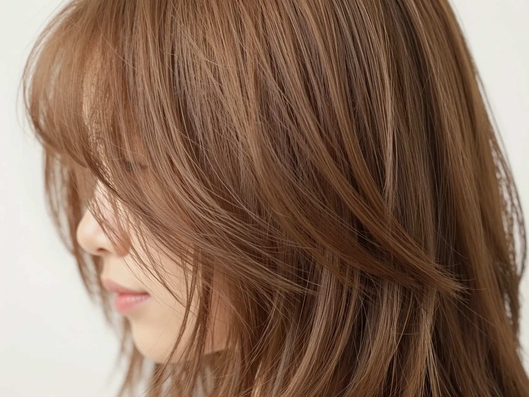Textured butterfly cut with feathered wispy ends and diffused bangs