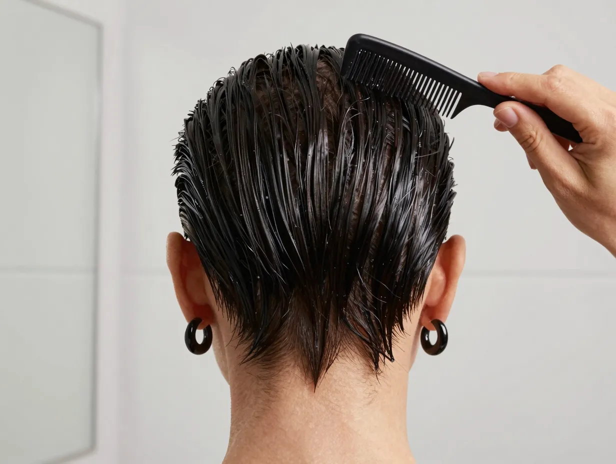A person combing strong hold gel through slicked back short hair