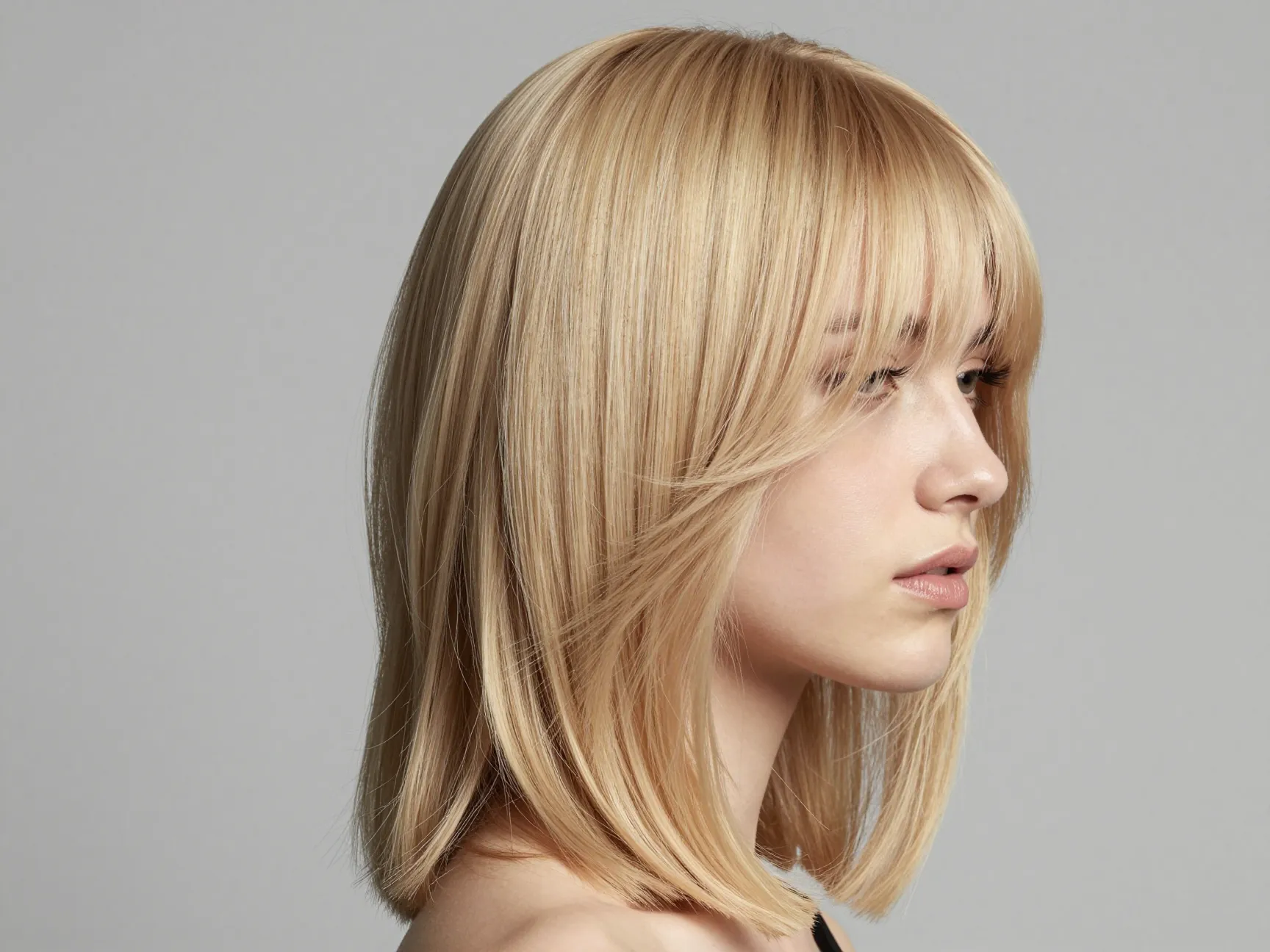 Collarbone butterfly cut with asymmetrical side swept curtain bangs