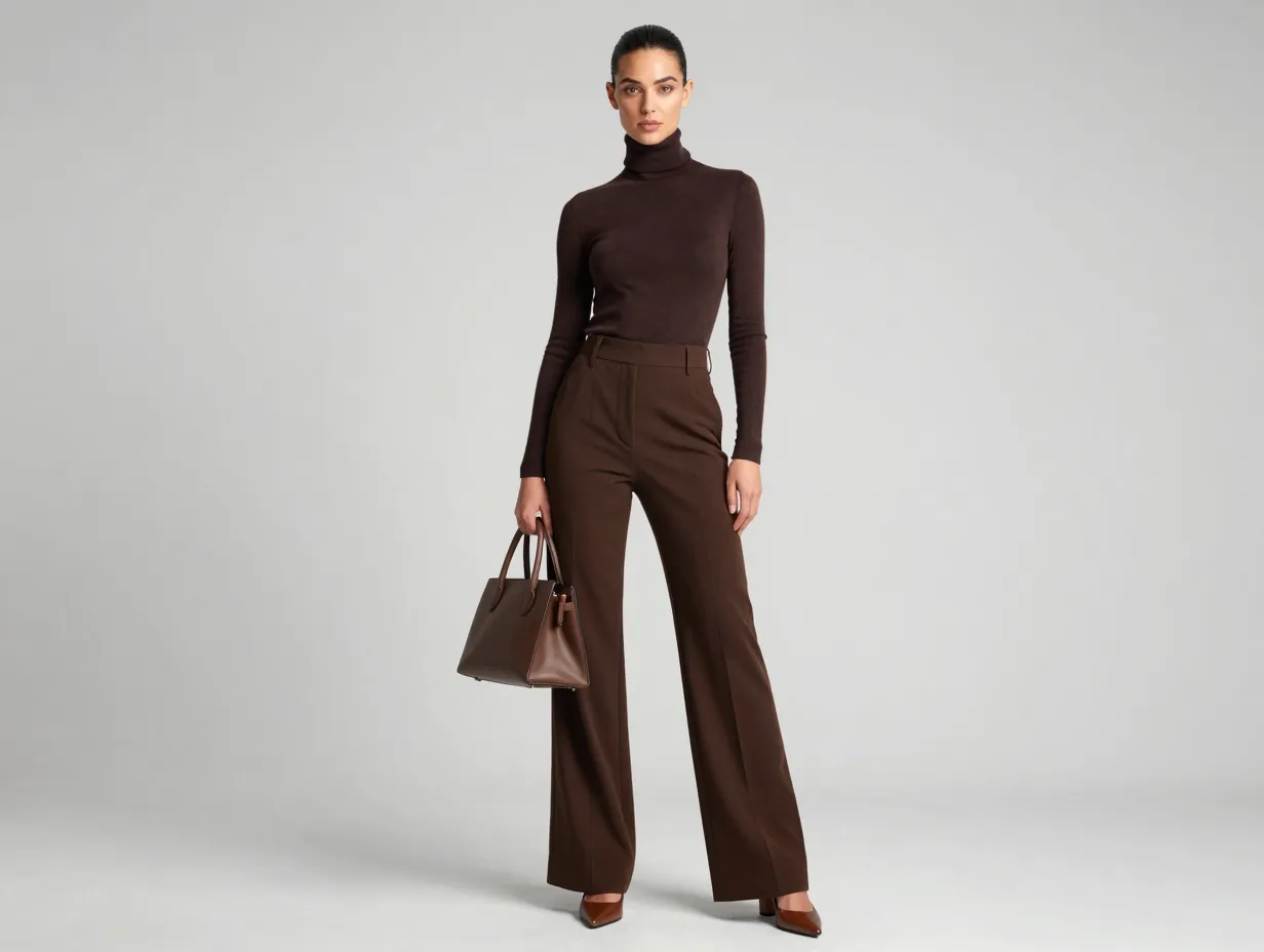 Fitted turtleneck with tailored wide leg trousers outfit