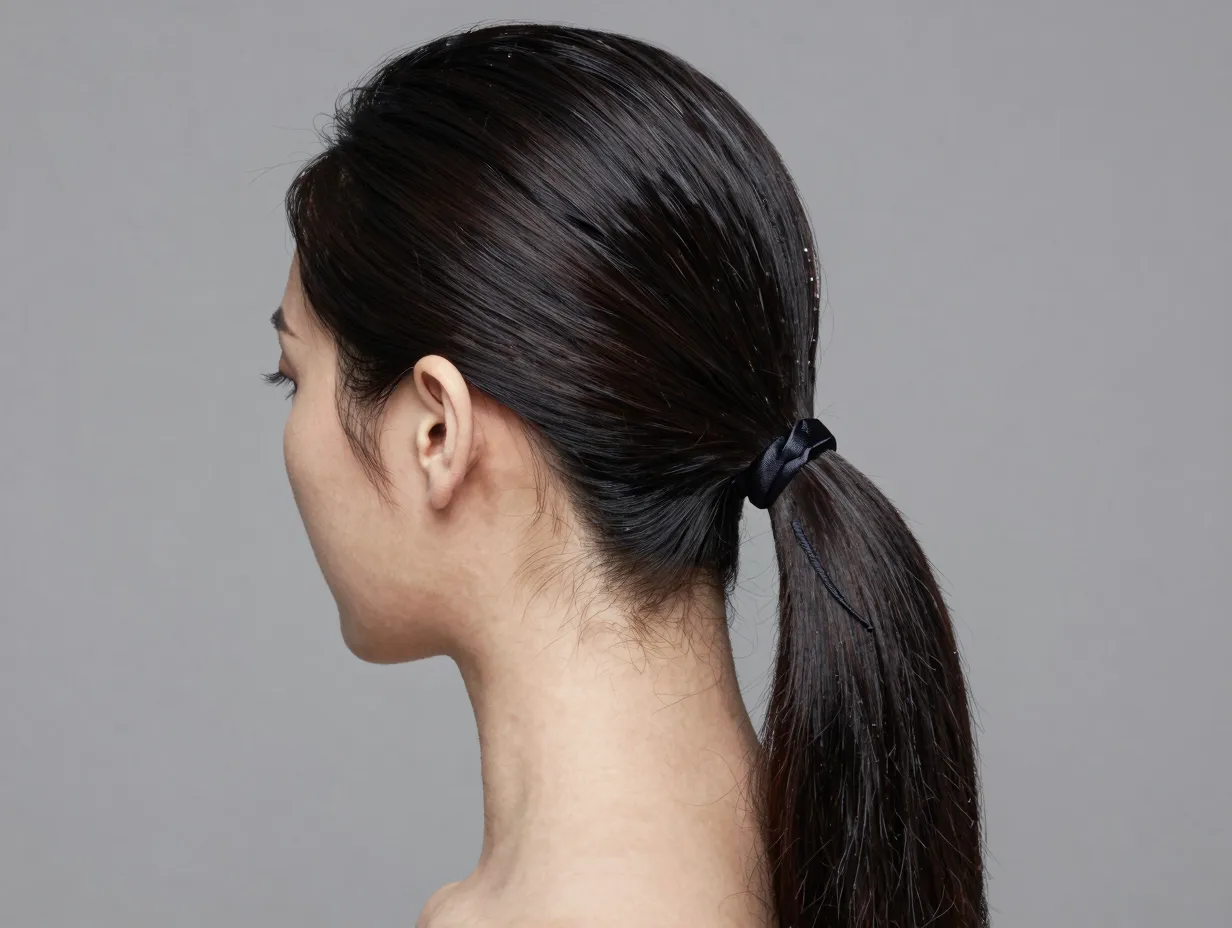 Low sleek ponytail with glossy finish at the nape